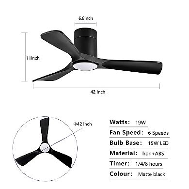 Loheer 42 Inch Flush Mount Ceiling Fan with Lights - Quiet DC Motor Remote Control, for Bedroom