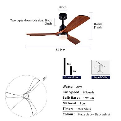 Loheer 52 Inch Modern Ceiling Fan, with Dimmable LED Light & Remote Control, for Living Room