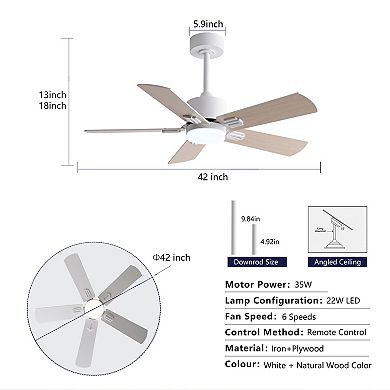 Loheer 42 Inch Low Profile Modern Ceiling Fan, with Dimmable LED Light and Remote, for Bedroom