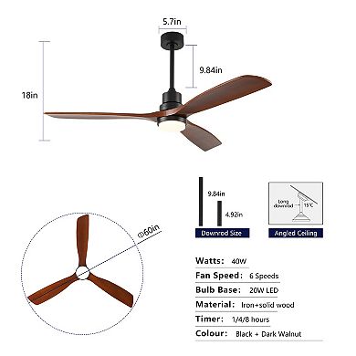 Loheer 60 Inch Modern Ceiling Fan, With Dimmable LED Light, Remote Control, For Living Room
