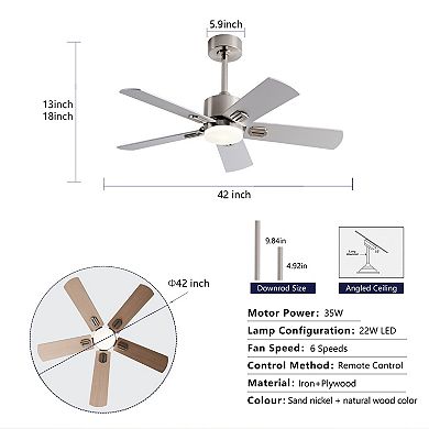Loheer 42 Inch Modern Ceiling Fan, with Dimmable LED Light and Remote, for Bedroom