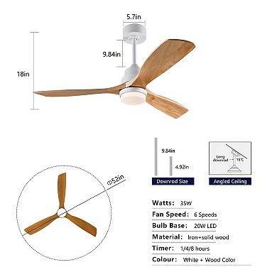 Loheer 52 Inch Modern Ceiling Fan with Dimmable LED Light, Reversible DC Motor and Remote