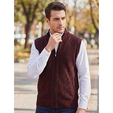 Men's Knitted Sweater Vest Fleece Lined Stand Collared Full Zip Sleeveless Jacket with Pocket