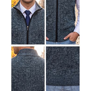 Men's Knitted Sweater Vest Fleece Lined Stand Collared Full Zip Sleeveless Jacket with Pocket