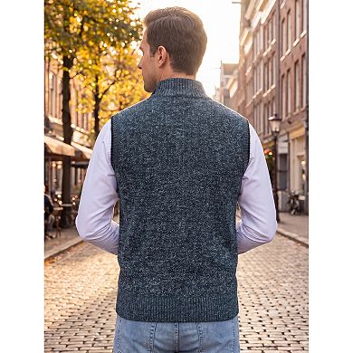 Men's Knitted Sweater Vest Fleece Lined Stand Collared Full Zip Sleeveless Jacket with Pocket