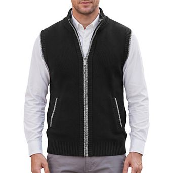 Men's Knitted Sweater Vest Fleece Lined Stand Collared Full Zip Sleeveless Jacket with Pocket