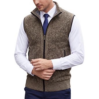 Men's Knitted Sweater Vest Fleece Lined Stand Collared Full Zip Sleeveless Jacket with Pocket