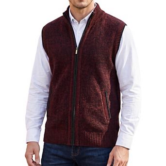 Men's Knitted Sweater Vest Fleece Lined Stand Collared Full Zip Sleeveless Jacket with Pocket