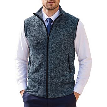 Men's Knitted Sweater Vest Fleece Lined Stand Collared Full Zip Sleeveless Jacket with Pocket