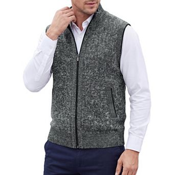 Men's Knitted Sweater Vest Fleece Lined Stand Collared Full Zip Sleeveless Jacket with Pocket