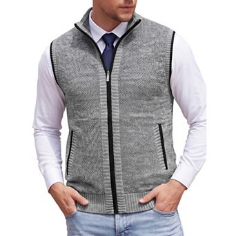 Men's Knitted Sweater Vest Fleece Lined Stand Collared Full Zip Sleeveless Jacket with Pocket