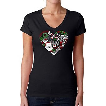 Christmas Themed Heart - Women's Word Art V-Neck T-Shirt