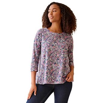 Ellos Plus Size Cotton Jersey Slub Three-Quarter Sleeve Trapeze Tee