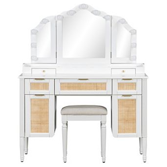 Merax 44.37" Makeup Vanity Desk with 13 Hollywood Bulbs & 3 Lighting Modes, Tri-Fold Mirror