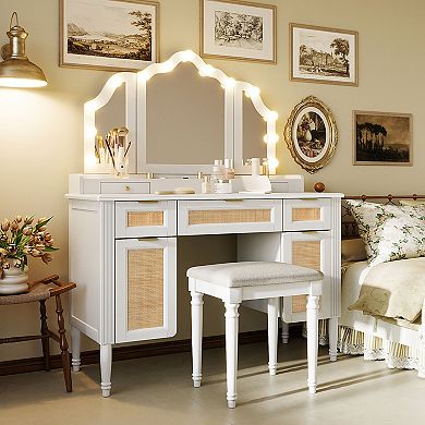 Merax 44.37" Makeup Vanity Desk with 13 Hollywood Bulbs & 3 Lighting Modes, Tri-Fold Mirror
