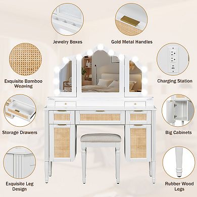 Merax 44.37" Makeup Vanity Desk with 13 Hollywood Bulbs & 3 Lighting Modes, Tri-Fold Mirror