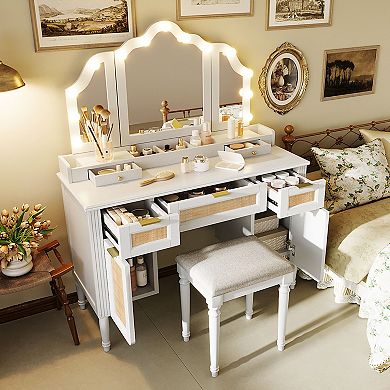 Merax 44.37" Makeup Vanity Desk with 13 Hollywood Bulbs & 3 Lighting Modes, Tri-Fold Mirror