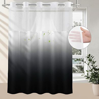 No Hook Shower Curtain with Snap In Liner Hotel Fabric Waterproof Washable Mesh Top Window