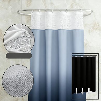 No Hook Shower Curtain with Snap In Liner Hotel Fabric Waterproof Washable Mesh Top Window