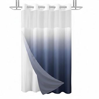 No Hook Shower Curtain with Snap In Liner Hotel Fabric Waterproof Washable Mesh Top Window