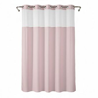 No Hook Shower Curtain with Snap In Liner Hotel Fabric Waterproof Washable Mesh Top Window