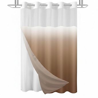 No Hook Shower Curtain with Snap In Liner Hotel Fabric Waterproof Washable Mesh Top Window