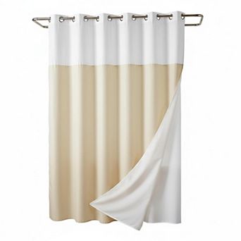 No Hook Shower Curtain with Snap In Liner Hotel Fabric Waterproof Washable Mesh Top Window