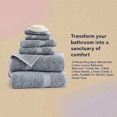 6-Piece Luxury Bathroom Towels Set Long Staple Cotton Absorbent Soft