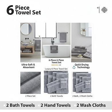 6-Piece Luxury Bathroom Towels Set Long Staple Cotton Absorbent Soft