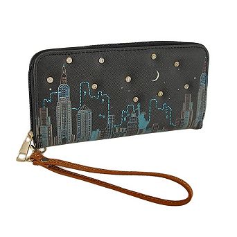 Colorful Cityscape Scene Textured Vinyl Zip Around Wallet