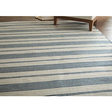 HomeRoots Ivory and Blue Striped Hand Woven Area Rug
