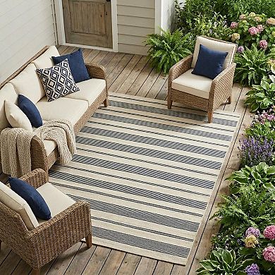 HomeRoots Ivory and Blue Striped Hand Woven Area Rug