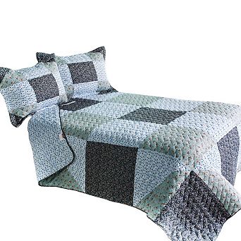 3 pc Cotton Quilt Set Reversible Floral Patchwork Design Bedding- Pillow Shams Vermicelli Stitching