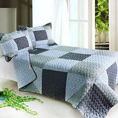 3pc Cotton Quilt Set Reversible Floral Patchwork Design Bedding- Pillow Shams Vermicelli Stitching