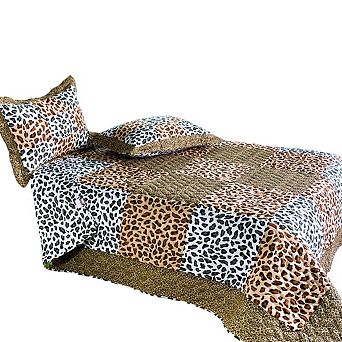 3 pc Cotton Quilt Set Reversible Leopard Patchwork Bedding with Pillow Shams Vermicelli Stitching