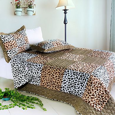 3pc Cotton Quilt Set Reversible Leopard Patchwork Bedding with Pillow Shams Vermicelli Stitching