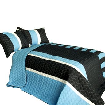 3 pc Reversible Cotton Quilt Bedding Set Geometric Patchwork Design with Vermicelli Quilted Bedspread