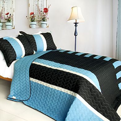 3Pc Reversible Cotton Quilt Bedding Set Geometric Patchwork Design with Vermicelli Quilted Bedspread