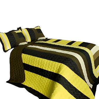 3 pc Cotton Quilt Set Reversible Geometric Patchwork Bedding with Pillow Shams Vermicelli Stitching