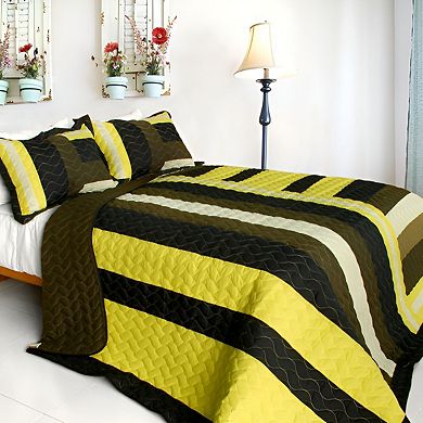 3Pc Cotton Quilt Set Reversible Geometric Patchwork Bedding with Pillow Shams Vermicelli Stitching