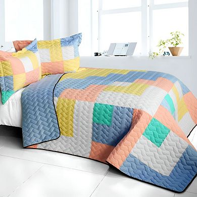 3 Piece Geometric TC Fabric Quilt Bedding Set with Vermicelli Stitch Texture and Quilted Shams