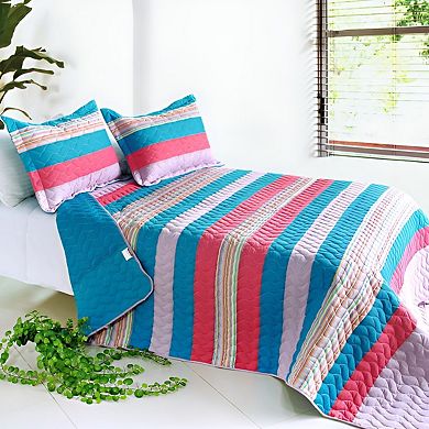 3 Piece Striped Quilt Set with Shams Vermicelli Quilted Bedspread Lightweight Bedding Set