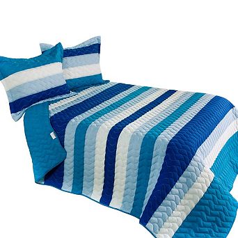 3 pc Striped Quilt Set with Shams Vermicelli Quilted Bedspread Lightweight Bedding Set