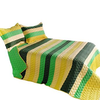 3 pc Striped Quilt Set with Shams Vermicelli Quilted Bedspread Lightweight Bedding Set