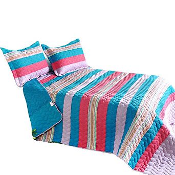 3 pc Striped Quilt Set with Shams Vermicelli Quilted Bedspread Lightweight Bedding Set