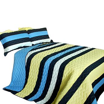 3 pc Cotton Bedspread Stripe Wave Quilt Horizontal Design Reversible Bedding Set with Pillow Shams