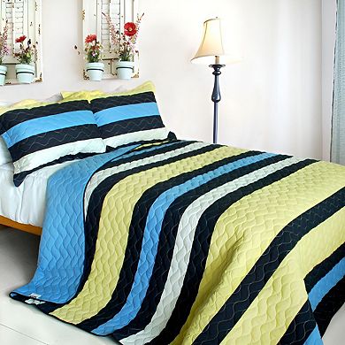 3pc Cotton Bedspread Stripe Wave Quilt Horizontal Design Reversible Bedding Set with Pillow Shams