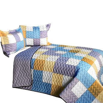 3 pc Modern Geometric Quilt Set Full Queen Size Vermicelli Stitch Bedding with 2 Shams