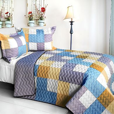 3pc Modern Geometric Quilt Set Full Queen Size Vermicelli Stitch Bedding with 2 Shams