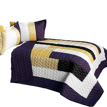 3 pc Color Block Quilt Bed Set TC Fabric with Handmade Stitch Detail and Matching Pillow Shams